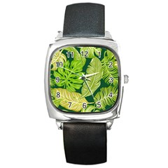 Tropical Green Leaves Square Metal Watch by snowwhitegirl