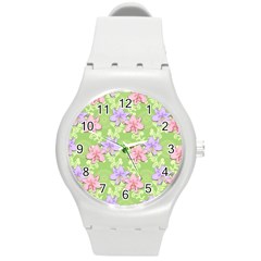 Lily Flowers Green Plant Natural Round Plastic Sport Watch (M)