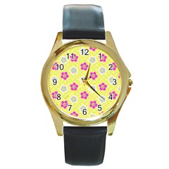 Traditional Patterns Plum Round Gold Metal Watch by Pakrebo