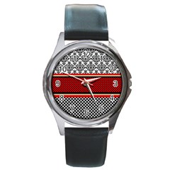 Background Damask Red Black Round Metal Watch by Pakrebo