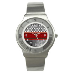 Background Damask Red Black Stainless Steel Watch by Pakrebo