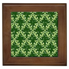 White Flowers Green Damask Framed Tiles by Pakrebo