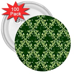 White Flowers Green Damask 3  Buttons (100 Pack)  by Pakrebo