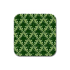 White Flowers Green Damask Rubber Square Coaster (4 Pack)  by Pakrebo