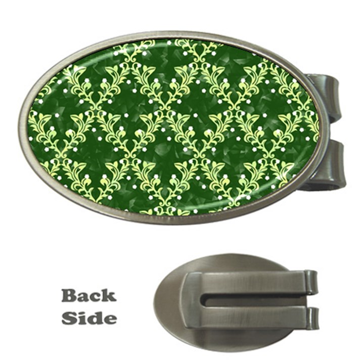 White Flowers Green Damask Money Clips (Oval) 