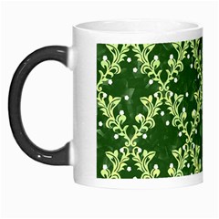 White Flowers Green Damask Morph Mugs by Pakrebo