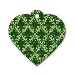 White Flowers Green Damask Dog Tag Heart (one Side) by Pakrebo