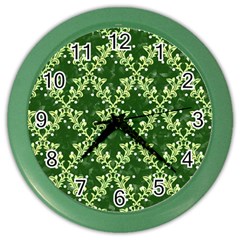 White Flowers Green Damask Color Wall Clock by Pakrebo