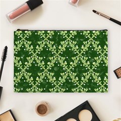 White Flowers Green Damask Cosmetic Bag (large) by Pakrebo