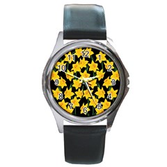 Yellow Daffodils Pattern Round Metal Watch by Valentinaart