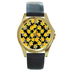 Yellow Daffodils Pattern Round Gold Metal Watch by Valentinaart