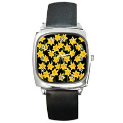 Yellow Daffodils Pattern Square Metal Watch by Valentinaart