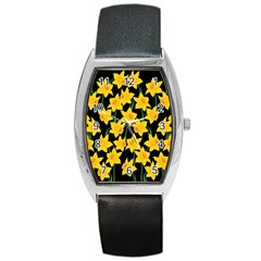 Yellow Daffodils Pattern Barrel Style Metal Watch by Valentinaart