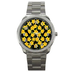 Yellow Daffodils Pattern Sport Metal Watch by Valentinaart