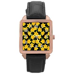 Yellow Daffodils Pattern Rose Gold Leather Watch  by Valentinaart