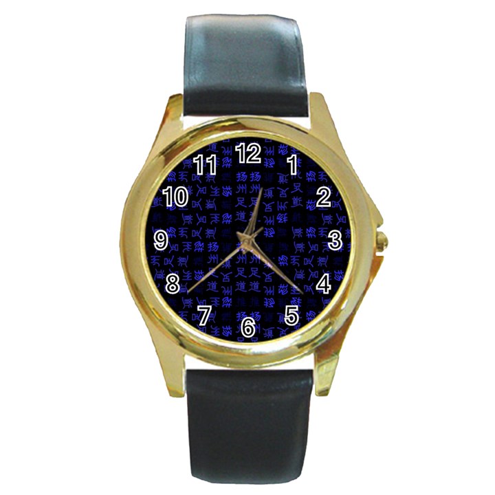 Neon Oriental Characters Print Pattern Round Gold Metal Watch