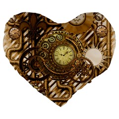 Wonderful Steampunk Design, Awesome Clockwork Large 19  Premium Flano Heart Shape Cushions by FantasyWorld7