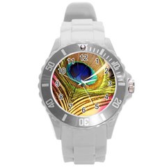 Peacock Feather Colorful Peacock Round Plastic Sport Watch (l) by Pakrebo