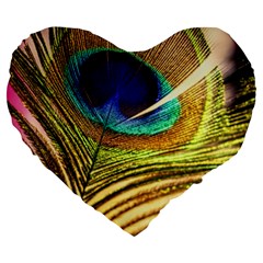 Peacock Feather Colorful Peacock Large 19  Premium Flano Heart Shape Cushions