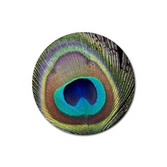 Peacock Feather Close Up Macro Rubber Round Coaster (4 pack) 