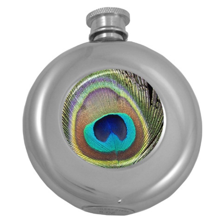 Peacock Feather Close Up Macro Round Hip Flask (5 oz)