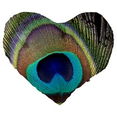 Peacock Feather Close Up Macro Large 19  Premium Flano Heart Shape Cushions