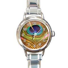 Peacock Feather Bird Colorful Round Italian Charm Watch by Pakrebo