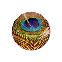 Peacock Feather Bird Colorful Rubber Round Coaster (4 Pack)  by Pakrebo