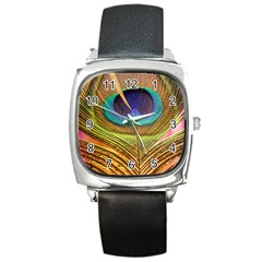 Peacock Feather Bird Colorful Square Metal Watch by Pakrebo