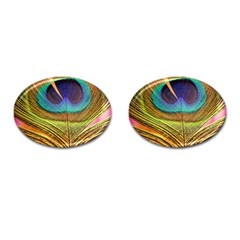 Peacock Feather Bird Colorful Cufflinks (oval) by Pakrebo