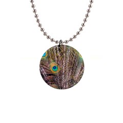 Pen Peacock Wheel Plumage Colorful 1  Button Necklace by Pakrebo