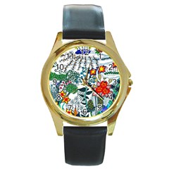 Moon And Flowers Abstract Round Gold Metal Watch by okhismakingart