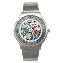 Moon And Flowers Abstract Stainless Steel Watch by okhismakingart