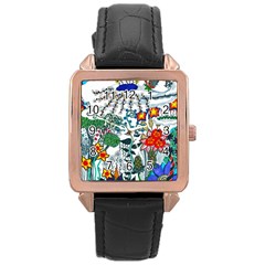 Moon And Flowers Abstract Rose Gold Leather Watch  by okhismakingart