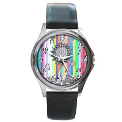 Striped Flower Round Metal Watch by okhismakingart