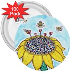 Bees at Work in Blue  3  Buttons (100 pack)  Front