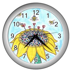 Bees At Work In Blue  Wall Clock (silver) by okhismakingart