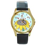 Bees at Work in Blue  Round Gold Metal Watch Front