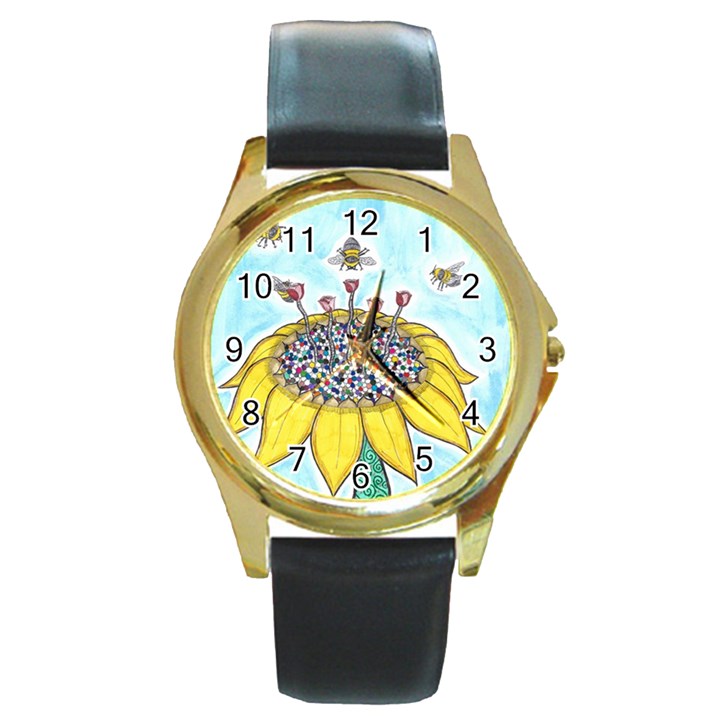 Bees at Work in Blue  Round Gold Metal Watch