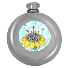 Bees At Work In Blue  Round Hip Flask (5 Oz) by okhismakingart