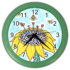 Bees At Work In Blue  Color Wall Clock by okhismakingart