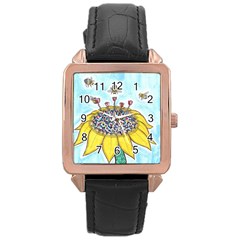 Bees At Work In Blue  Rose Gold Leather Watch  by okhismakingart