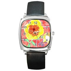 Reid Hall Rose Watercolor Square Metal Watch by okhismakingart