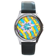 Tie-dye Flower And Butterflies Round Metal Watch by okhismakingart