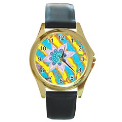 Tie-dye Flower And Butterflies Round Gold Metal Watch by okhismakingart