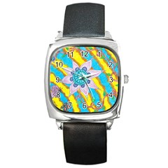 Tie-dye Flower And Butterflies Square Metal Watch by okhismakingart