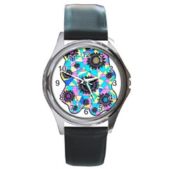 Neon Geometric Flowers  Round Metal Watch by okhismakingart