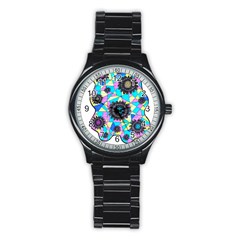 Neon Geometric Flowers  Stainless Steel Round Watch by okhismakingart