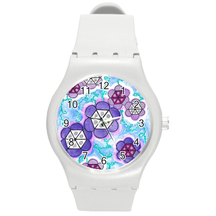 Hexagonal Flowers Round Plastic Sport Watch (M)