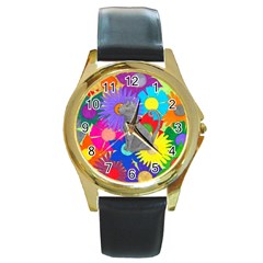 Floral Cat Round Gold Metal Watch by okhismakingart